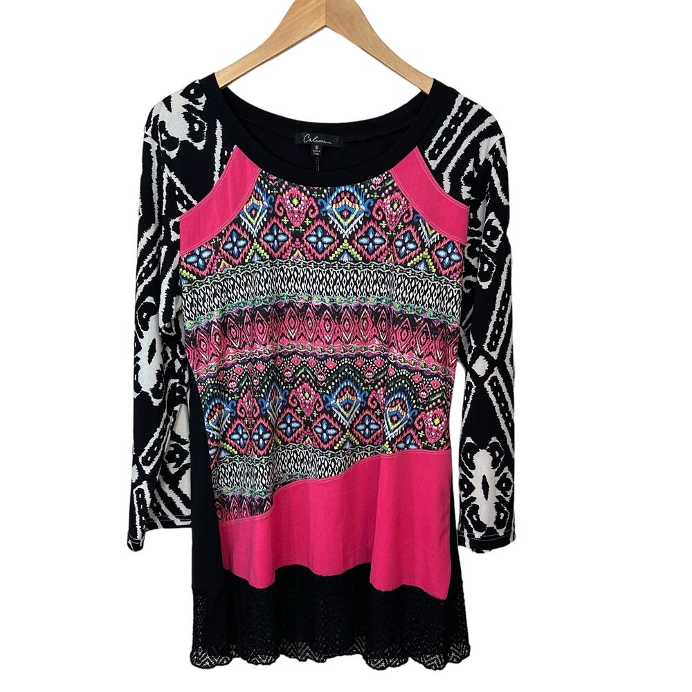 Calessa Tunic Top Womens Medium Multicolor Boho Pink Black Crochet Hem Festival